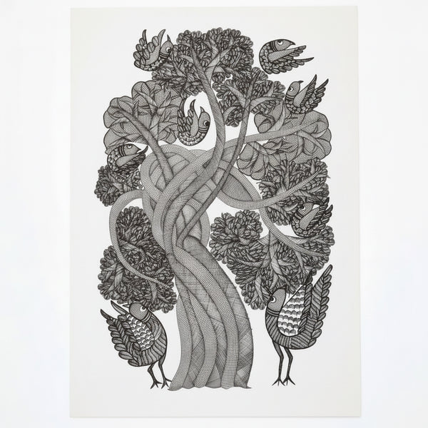 Bird on the Tree of Life – Gond Paper Painting