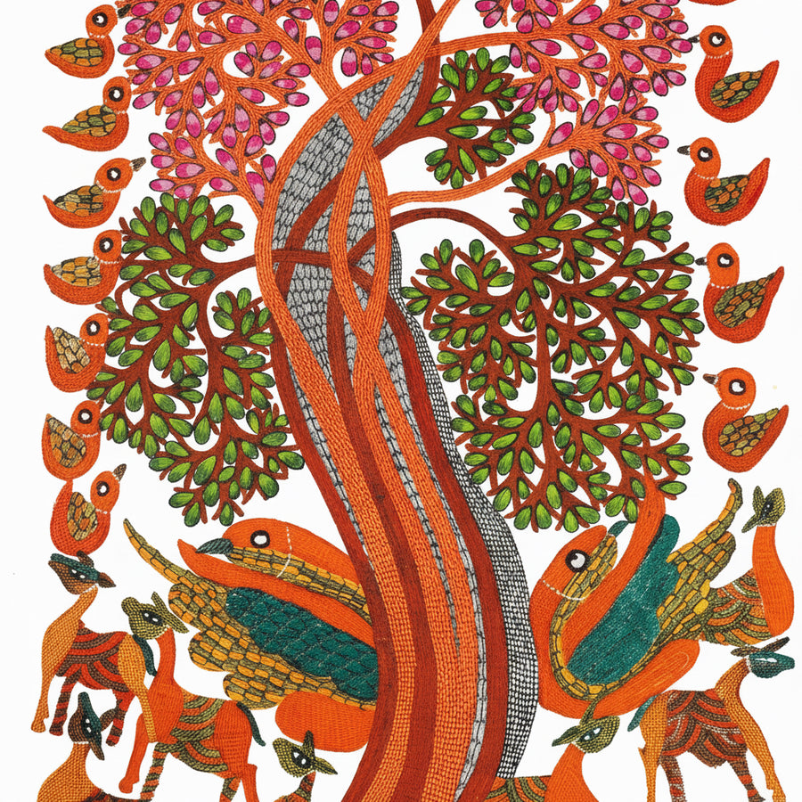Birds and Tree of Life – Gond Paper Painting