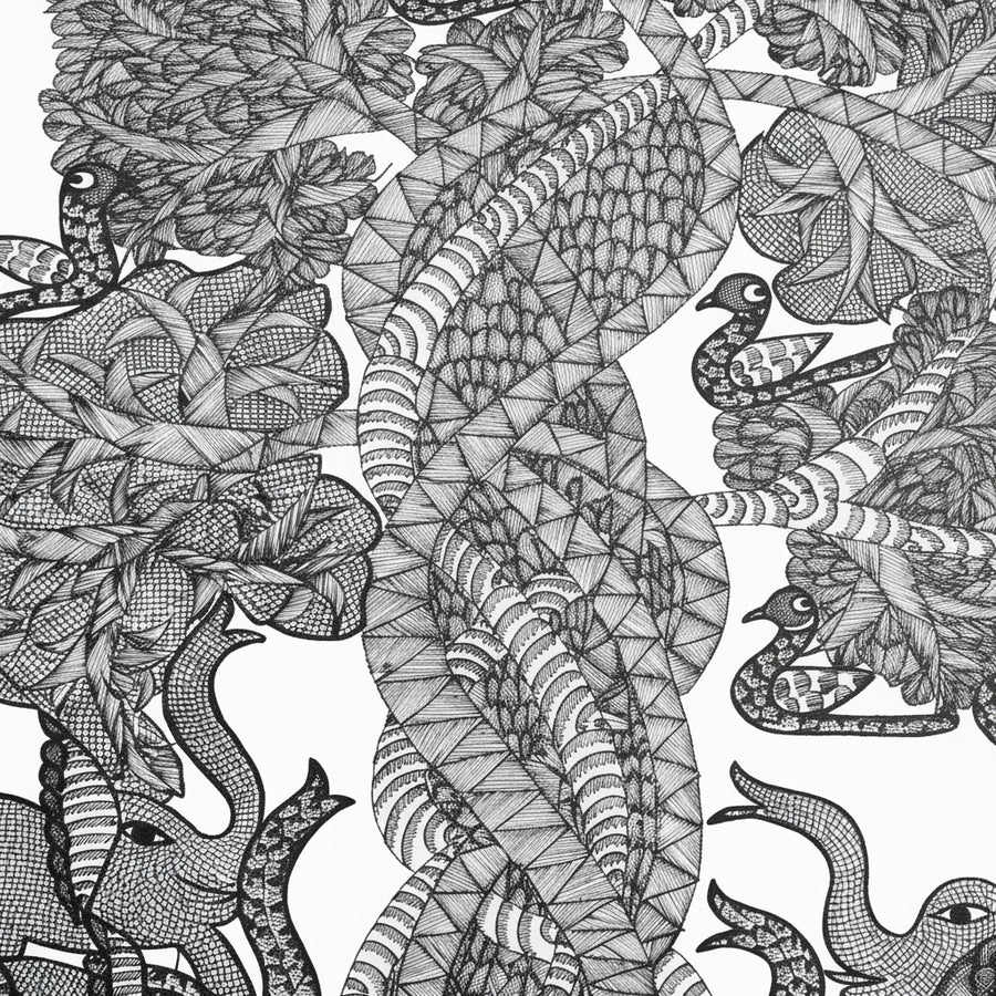Elephants, Birds & Tree – Gond Paper Painting