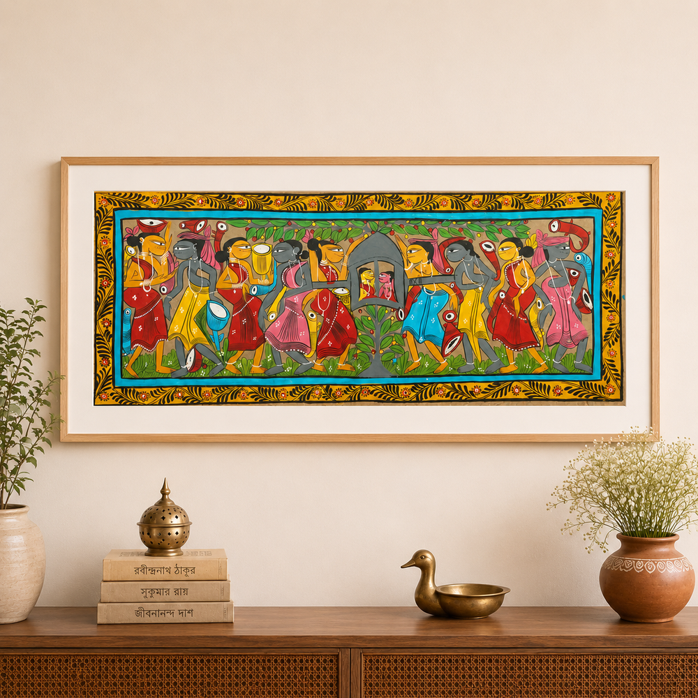 Tribal Wedding - Kalighat Painting, handmade Kalighat folk painting from India