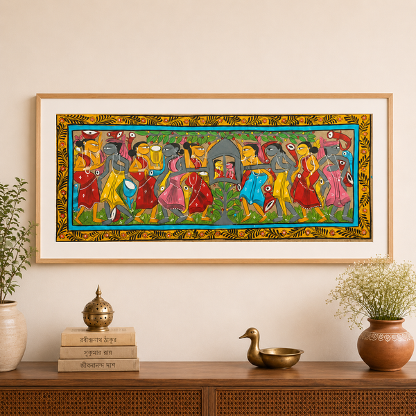 Tribal Wedding - Kalighat Painting, handmade Kalighat folk painting from India