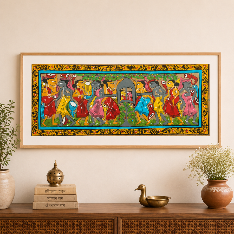 Tribal Wedding - Kalighat Painting, handmade Kalighat folk painting from India