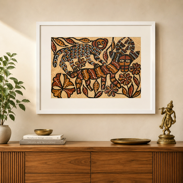Tribal Wildlife - Sohrai Painting with Wooden Frame, handmade Sohrai tribal painting from India