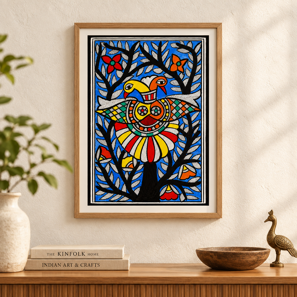 Twin Birds and Tree - Madhubani Painting, handmade Madhubani painting from India