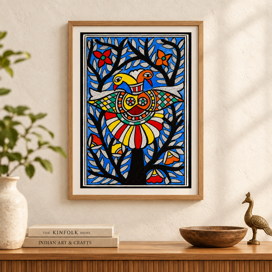 Twin Birds and Tree - Madhubani Painting, handmade Madhubani painting from India