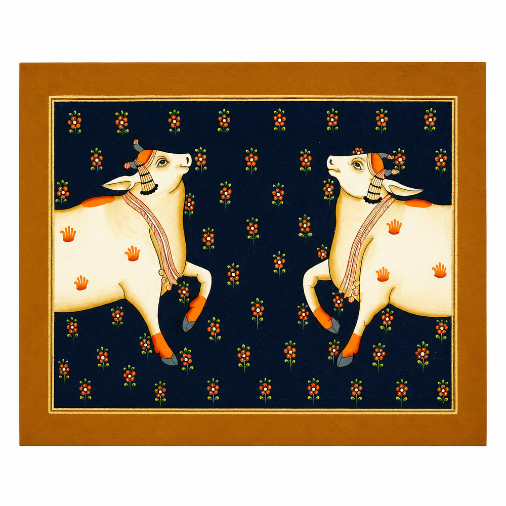 Twin Kamdhenu Grace - Pichwai Painting, handmade pichwai painting from India