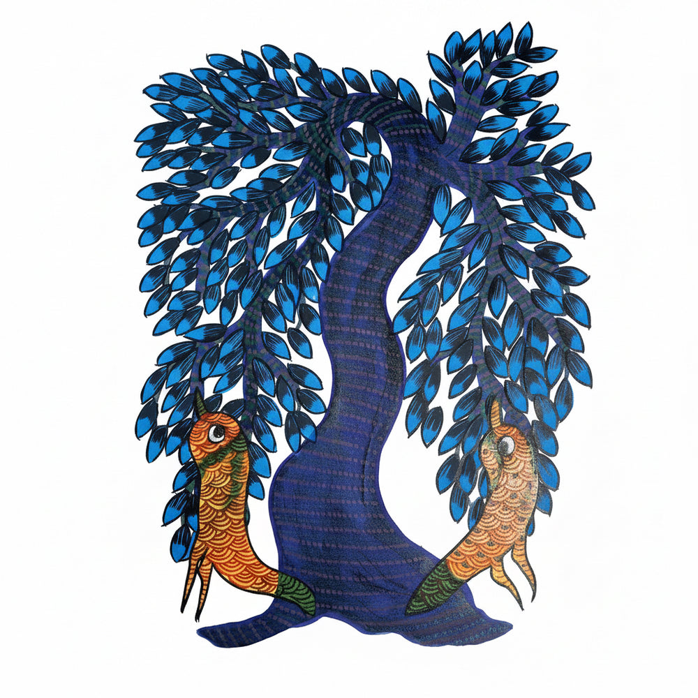 Two Birds and the Tree - Gond Paper Painting, handmade Gond folk painting from India
