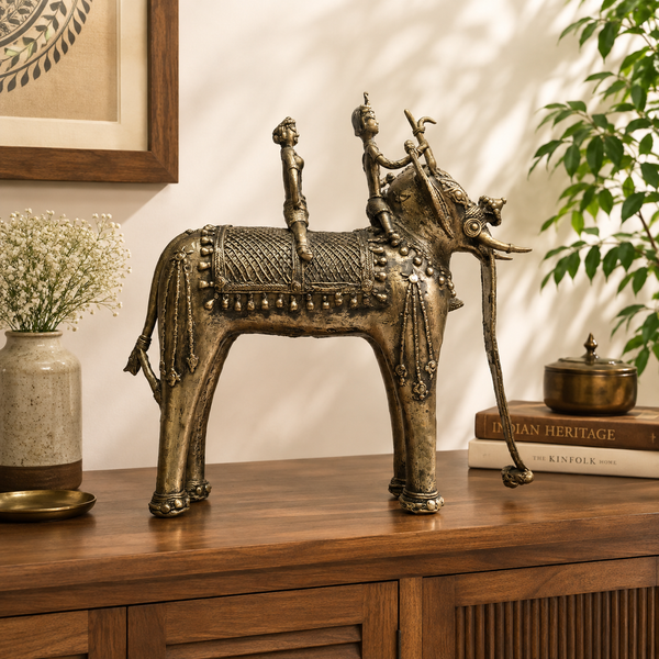 Two Men on Elephant Statue (Heavy) - Dhokra Metal Art, handmade tribal brass sculpture from India