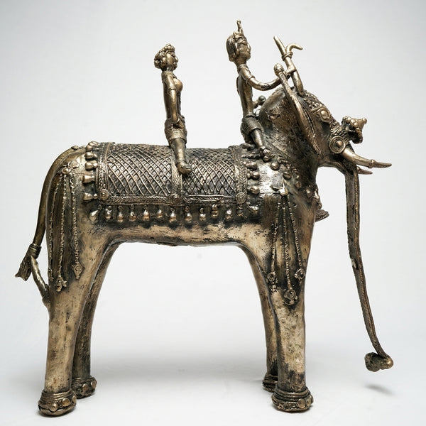 Two Men on Elephant Statue (Heavy) – Dhokra Metal Art