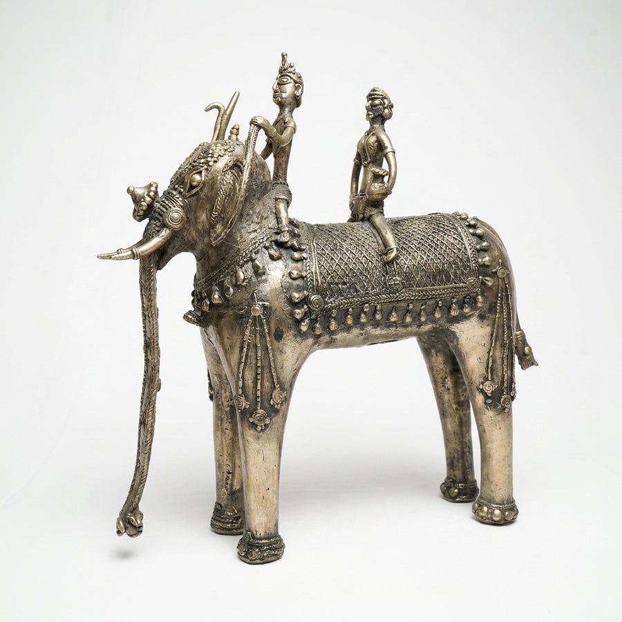 Two Men on Elephant Statue (Heavy) – Dhokra Metal Art
