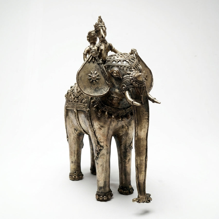 Two Men on Elephant Statue (Heavy) – Dhokra Metal Art