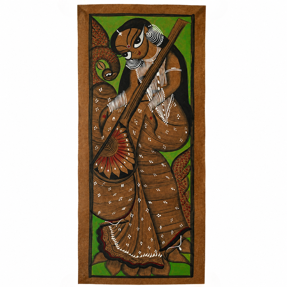 Veena Vahini - Kalighat Painting, handmade Kalighat folk painting from India
