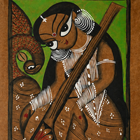 Veena Vahini - Kalighat Painting - view 2, handmade Kalighat folk painting from India