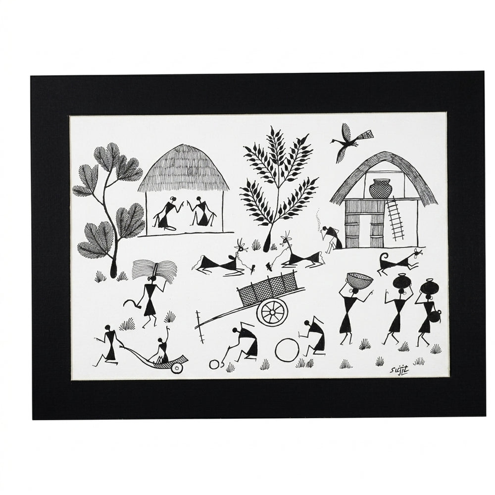Village Life - Warli Paper Painting, handmade Warli folk painting from India