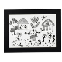 Village Life - Warli Paper Painting, handmade Warli folk painting from India