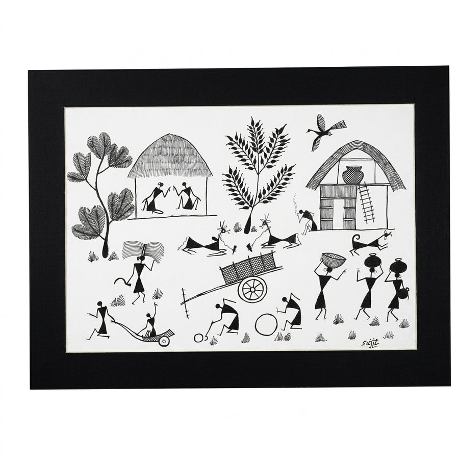 Village Life - Warli Paper Painting, handmade Warli folk painting from India