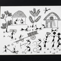 Village Life - Warli Paper Painting - view 2, handmade Warli folk painting from India