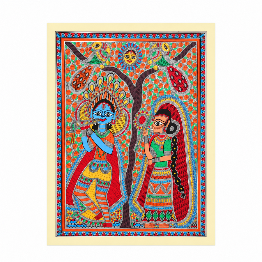 Vriksha Tale Prem - Madhubani Painting, handmade Madhubani painting from India