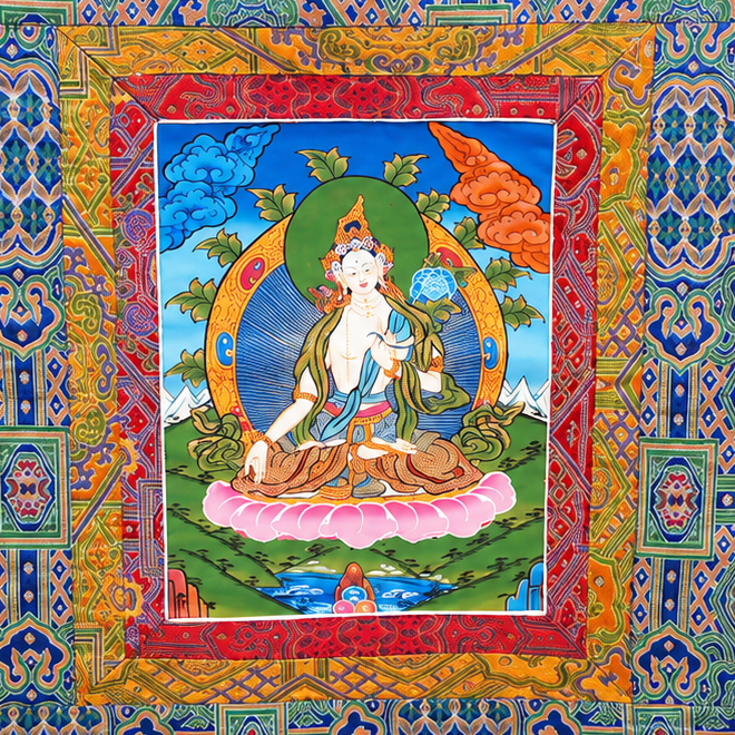 White Tara - Thangka Painting - view 2, handpainted Tibetan Thangka painting