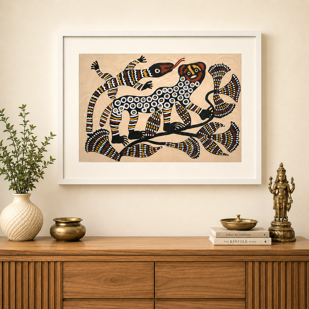 Wildlife - Authentic Sohrai Painting with wooden frame, handmade Sohrai tribal painting from India