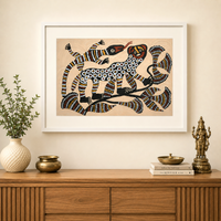 Wildlife - Authentic Sohrai Painting with wooden frame, handmade Sohrai tribal painting from India