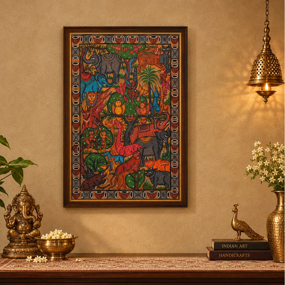 Wildlife - Kalighat Painting with frame, handmade Kalighat folk painting from India