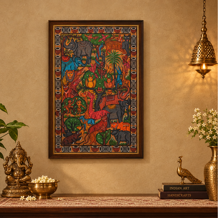 Wildlife - Kalighat Painting with frame, handmade Kalighat folk painting from India