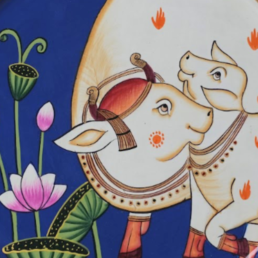 Wooden Wall Cow with Calf - Pichwai Painting - view 2, handmade pichwai painting from India