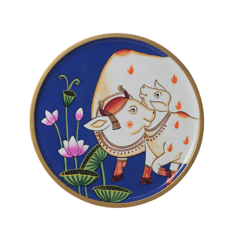 Wooden Wall Cow with Calf - Pichwai Painting, handmade pichwai painting from India