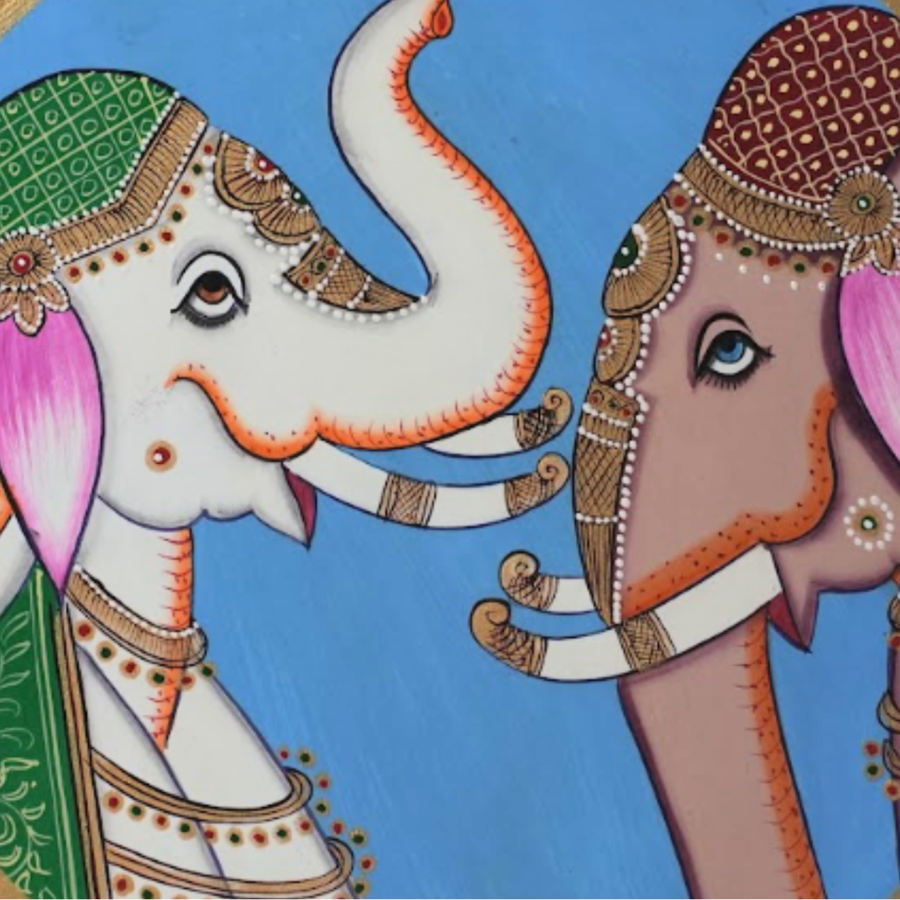 Wooden Wall Gajraj Milan - Pichwai Painting - view 2, handmade pichwai painting from India