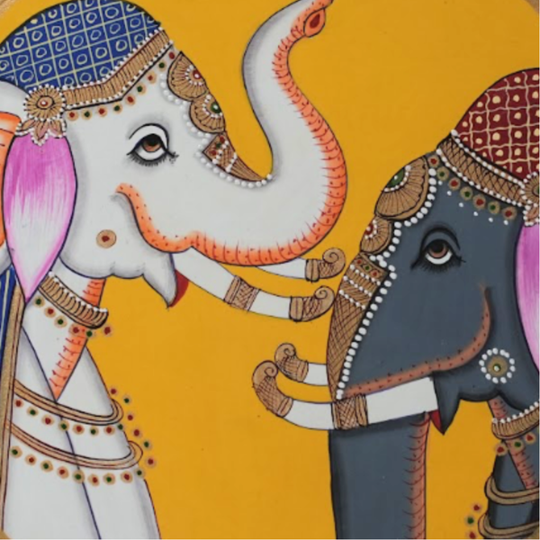 Wooden Wall Two Elephants - Pichwai Painting - view 2, handmade pichwai painting from India