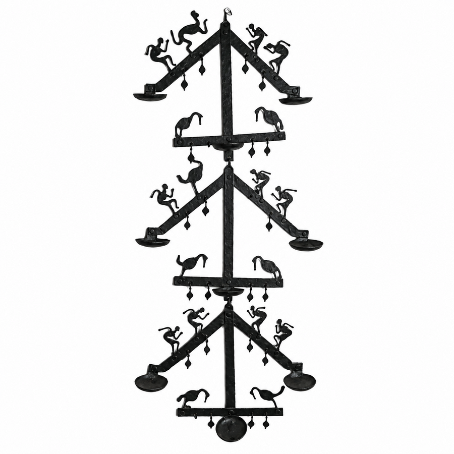 Wrought Iron Decorative Wall Hanging with Candle Stand - Tribal Art, handmade Bastar wrought iron art from India