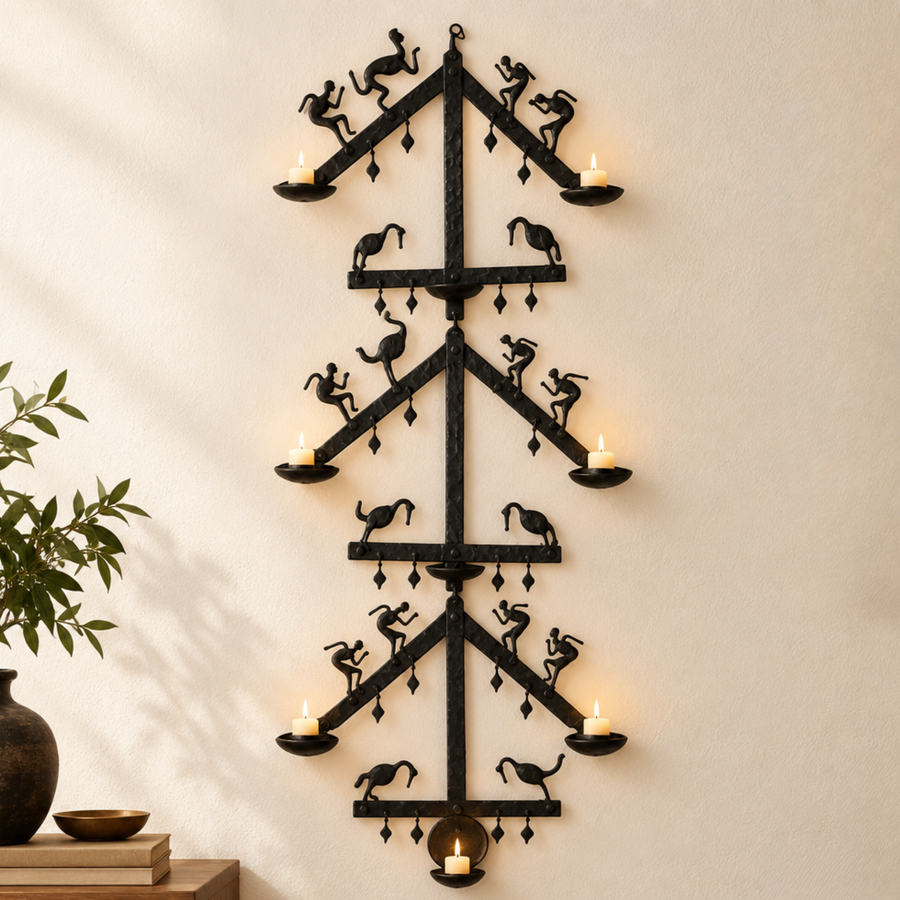 Wrought Iron Decorative Wall Hanging with Candle Stand - Tribal Art - view 2, handmade Bastar wrought iron art from India