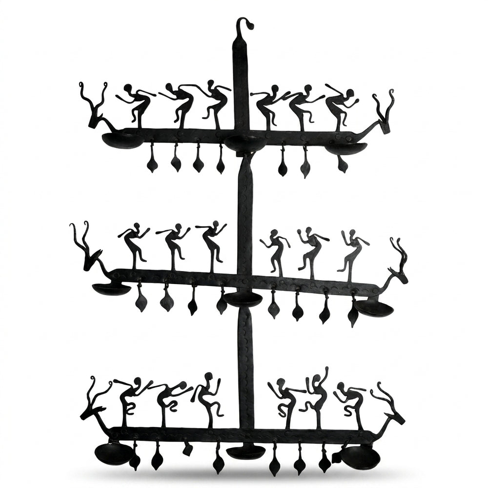 Wrought Iron Wall Hanging with Candle Stand - Tribal Art, handmade Bastar wrought iron art from India
