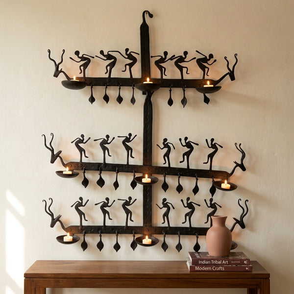Wrought Iron Wall Hanging with Candle Stand - Tribal Art - view 2, handmade Bastar wrought iron art from India