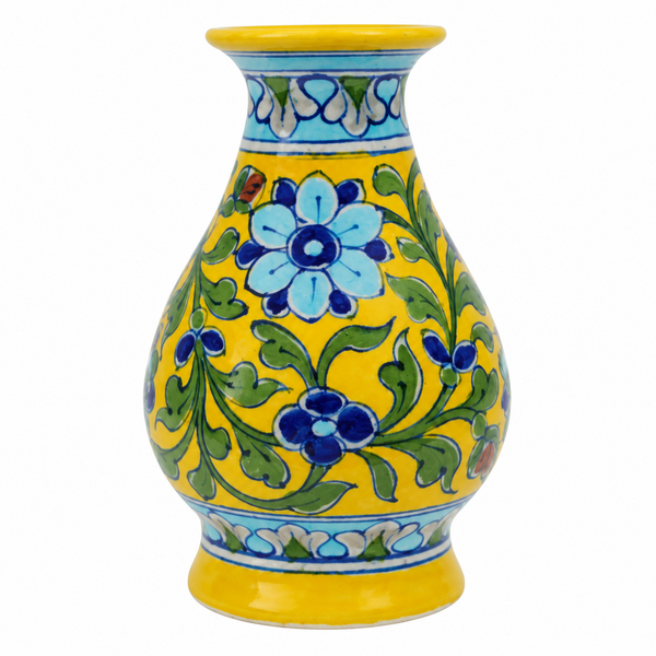 Yellow Floral Surahi - Jaipur Blue Pottery, handmade Jaipur blue pottery from India
