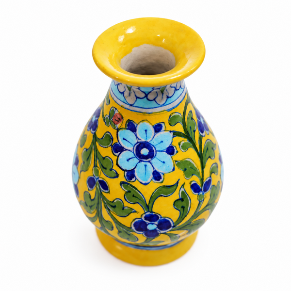 Yellow Floral Surahi - Jaipur Blue Pottery - view 2, handmade Jaipur blue pottery from India