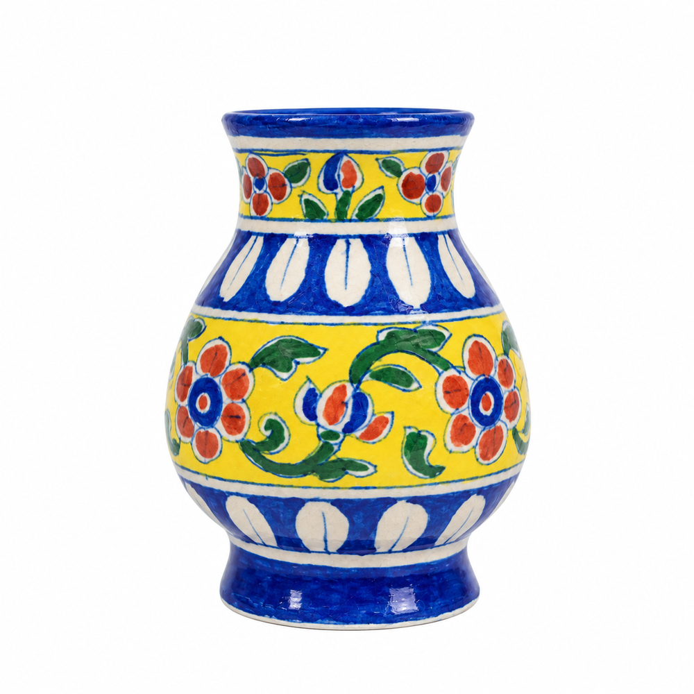 Yellow Floral Vase - Jaipur Blue Pottery, handmade Jaipur blue pottery from India
