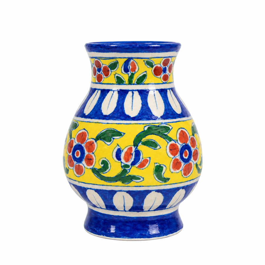 Yellow Floral Vase - Jaipur Blue Pottery, handmade Jaipur blue pottery from India